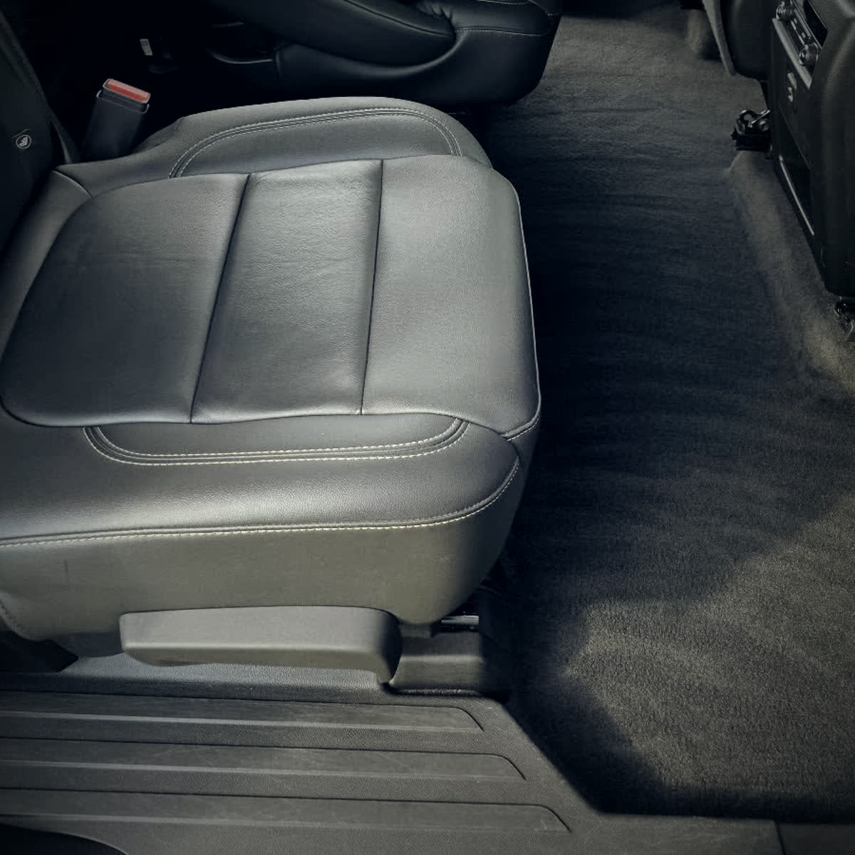 Clean leather seat and freshly vacuumed carpet with visible nap lines